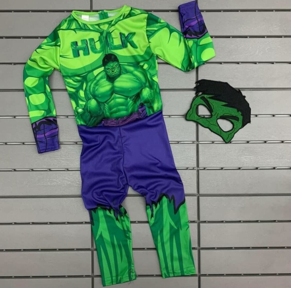 Yeşil Maskeli Baskılı Hulk Kostümü Çocuk Boy - Yeşil Dev Kostümü 11-12 Yaş