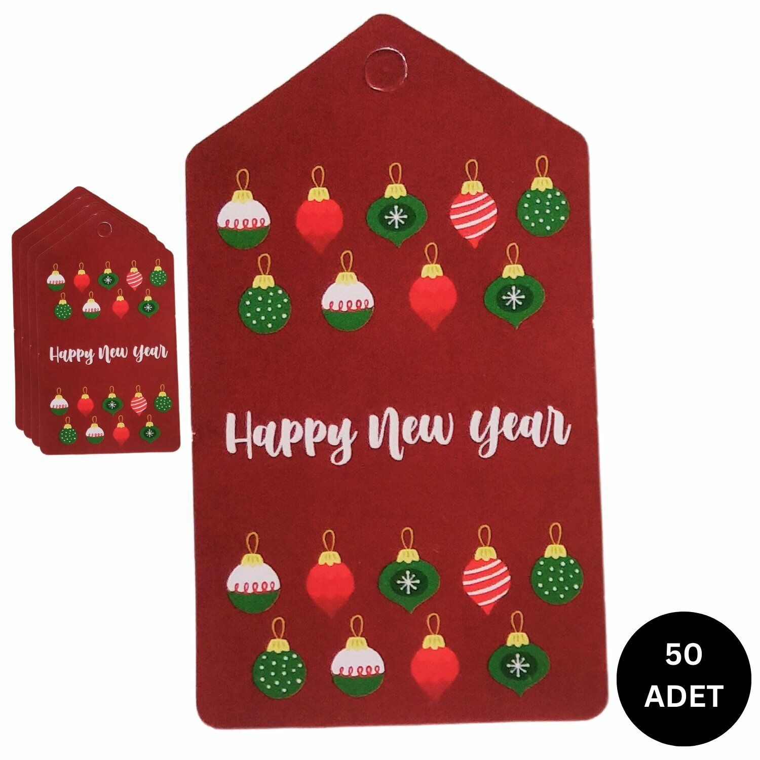 50 Li Yılbaşı Mutlu Yıllar Yazılı Hediye Etiketi, Delikli Yeni Yıl Paketleme Kartı