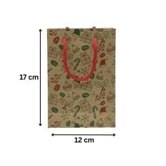 Yılbaşı Desenli Kraft Karton Çanta Seti - 6lı, Kırmızı Saplı Parti, Noel, Hediye Çantası, 12x17 Cm
