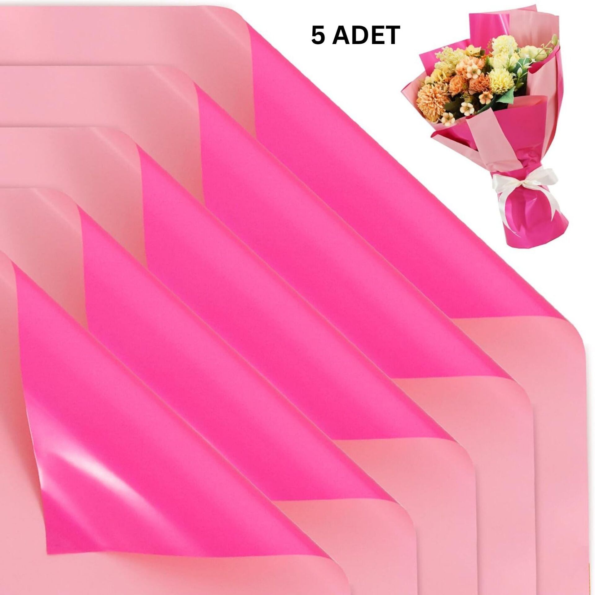Çiçek Ambalaj Kağıdı 5li, Çift Yüzlü Mat Şeffaf Buket Sargı Kağıdı, Açık & Koyu Pembe, 58x58 Cm