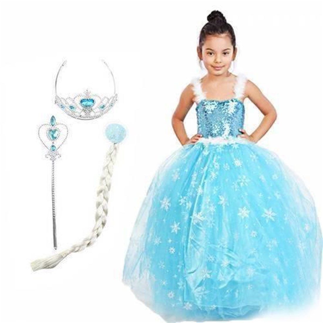 Karlar Ülkesi Elsa Frozen Kostümü + Tacı + Asası + Saçı Full Set 7-9 Yaş