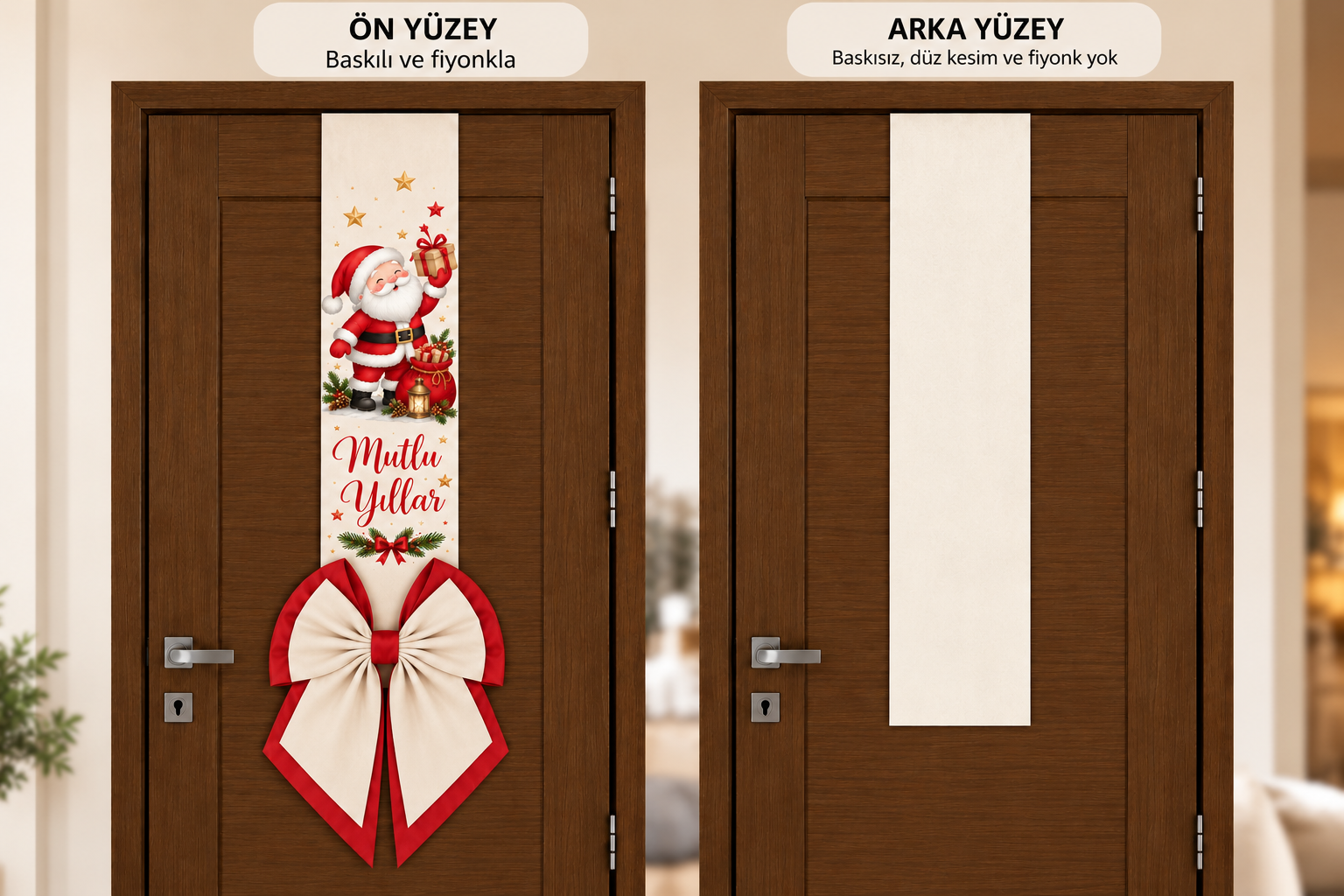 Tek taraflı Noel Baba - kardan adam Yılbaşı Kapı Süsü – Çift Kat Fiyonklu 175 cm ( 1 adettir) NOEL BABA