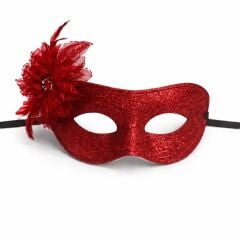 Kırmızı Simli Tüylü Balo Maskesi – Kadın Parti & Maskeli Balo Maskesi