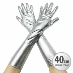 Gümüş Renk Dirsek Altı Lüks Saten Eldiven 40 cm