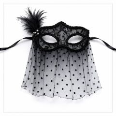 Siyah Dantel Tüllü Peçeli Parti Maskesi - Tüylü İnci Detaylı