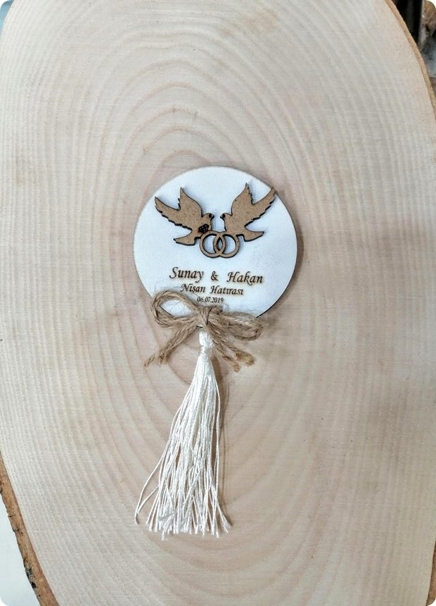 6 cm Süslü Kuşlu Kabartmalı Mdf Söz, Nişan Magnet