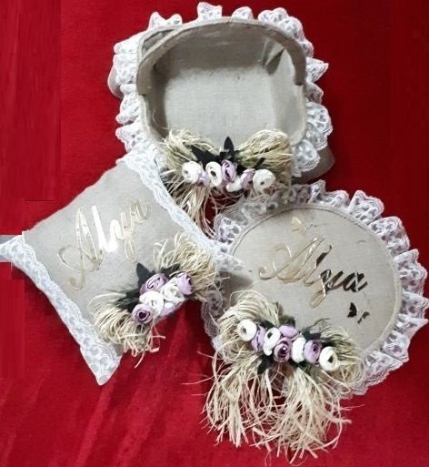 Hasır dantelli kapı süsü&sepet&yastık set MAVI