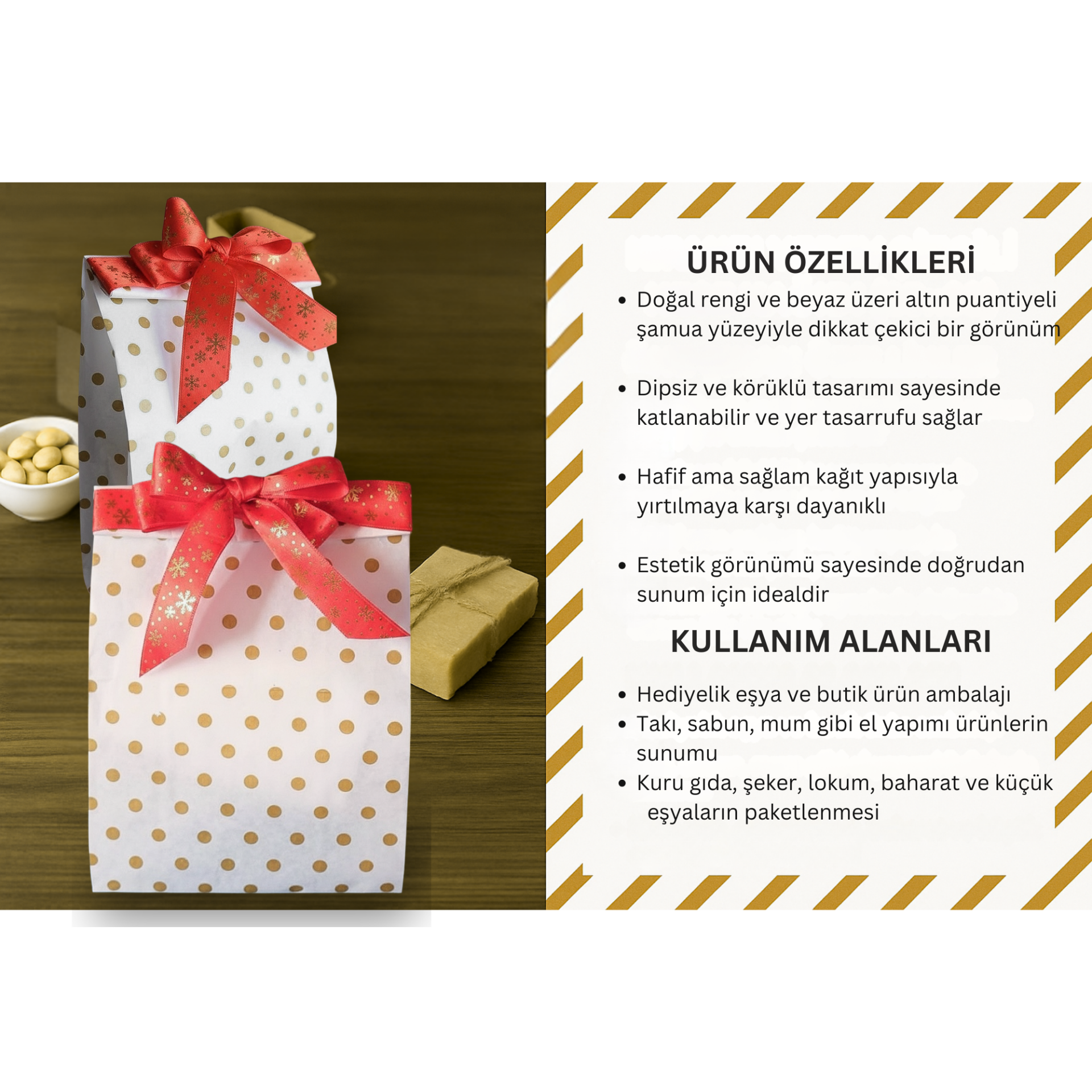 Körüklü Kraft Kese Kağıdı, Altın Puantiyeli Şamua Hediye, Ambalaj & Gıda Poşeti, 15x33 Cm, 50 Adet