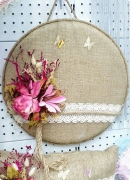 Çiçekli hasır bebek Kapı süsü,Sepet,Takı Yastığı SEPET PEMBE