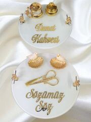 Yuvarlak Süslü  Buzlu Cam Söz,Nişan & Damat Tepsi Seti GUMUS