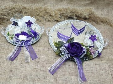 Yuvarlak Süslü savarovski taşlı set (damat kahve & Yüzük tepsisi)