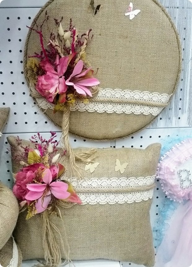 Çiçekli hasır bebek Kapı süsü,Sepet,Takı Yastığı SET PEMBE