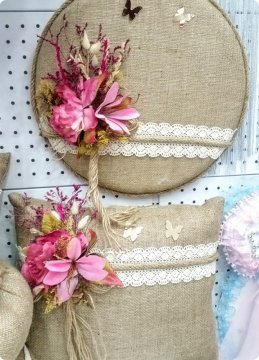 Çiçekli hasır bebek Kapı süsü,Sepet,Takı Yastığı SET PEMBE