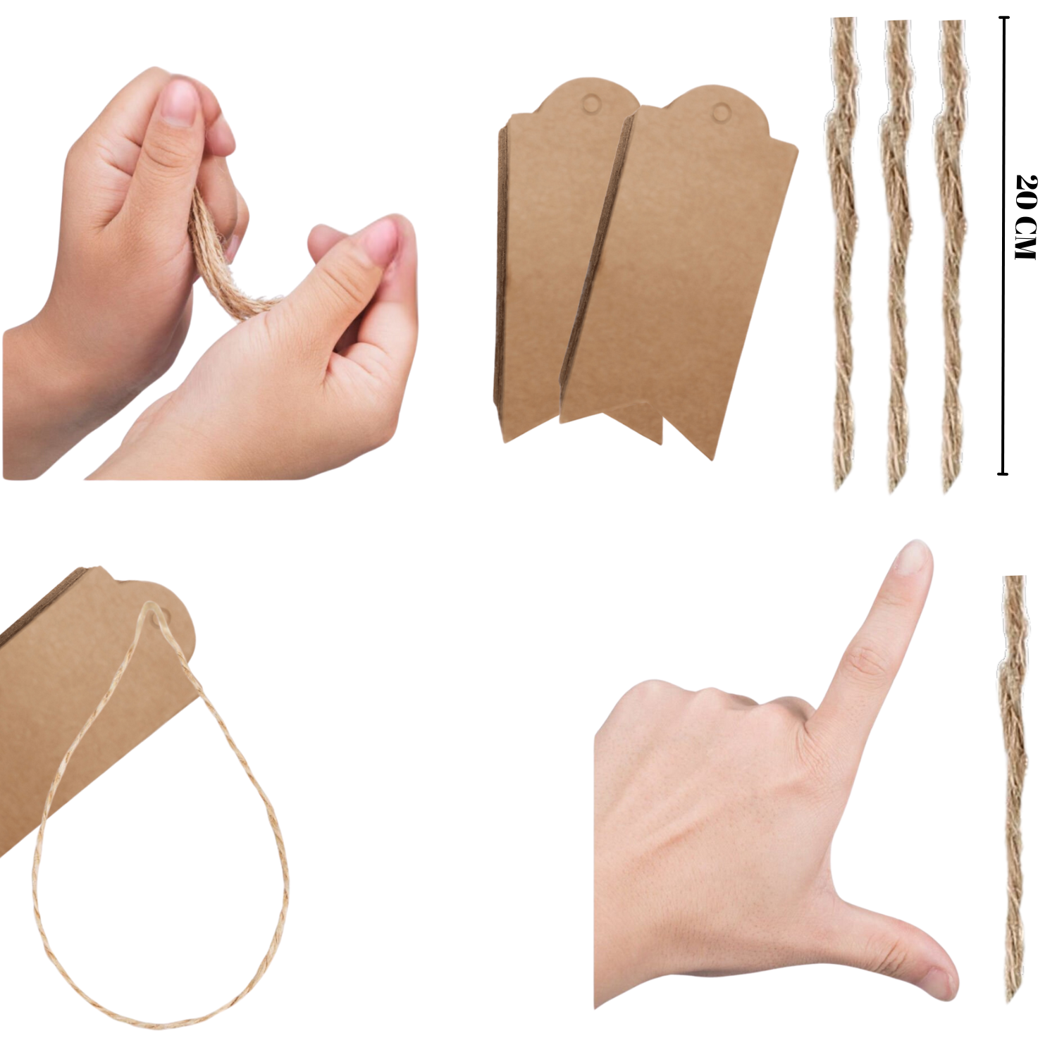 Flama Delikli Kraft Fiyat Etiketi - Kraft Ürün Etiketi &Hasır Jüt İp (20 Cm) Seti- 200 adet, Beyaz Kalem (1 Adet)