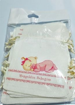 Emzikli uyuyan  (Hoş geldin Bebeğim yazılı) Bebek Figür Baskılı Kese