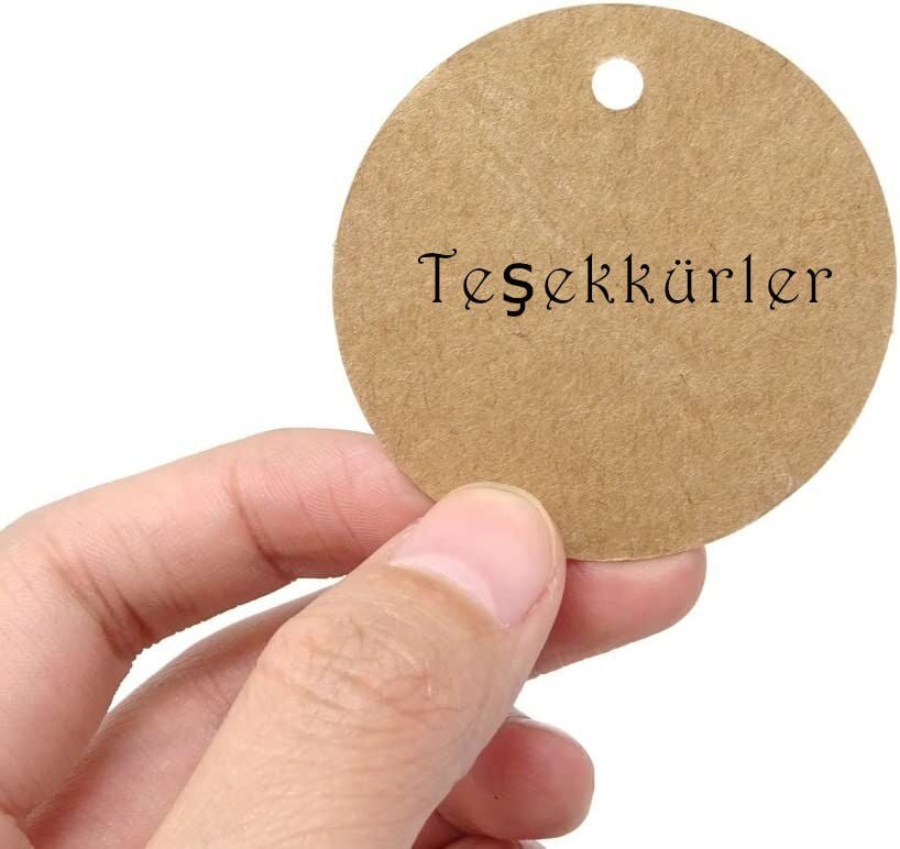 Kraft Ürün Fiyat Etiketi - 200 Adet, Yuvarlak Tebrik Etiketi & 200 Adet Hasır Jüt İp (20 Cm) Seti- 1 Adet Hediye Beyaz Kalem