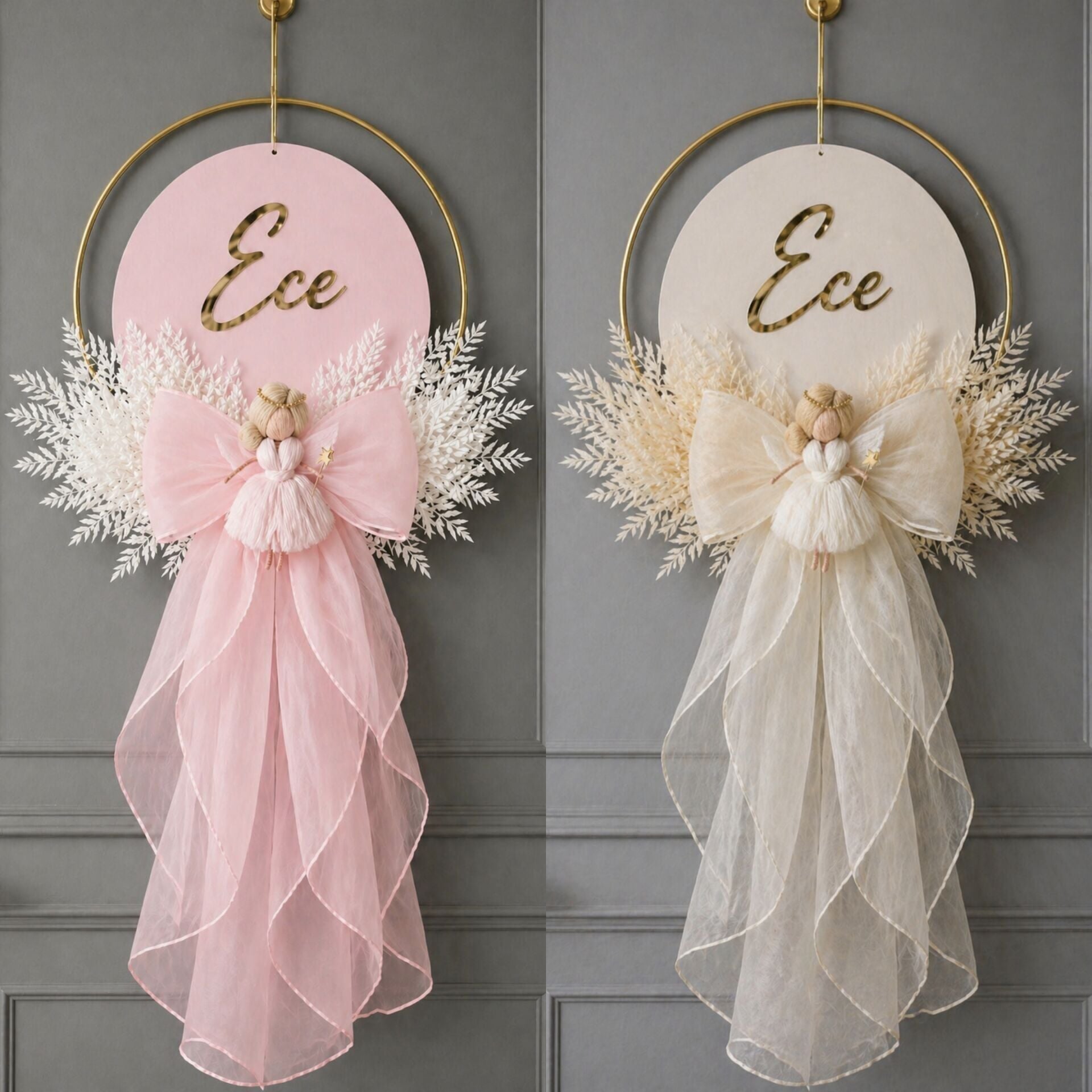 Peri kızı dekorlu ahşap  organze etekli çiçekli kapı süsü