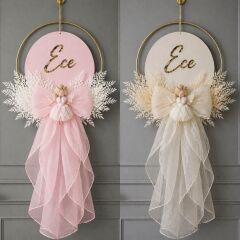 Peri kızı dekorlu ahşap  organze etekli çiçekli kapı süsü