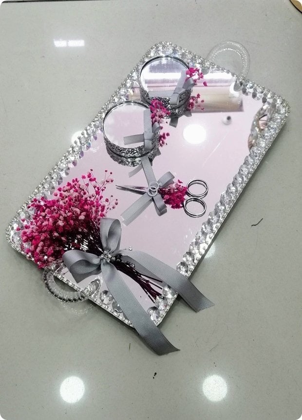 Süslü savarovski taşlı nişan Tepsisi / Damat Kahvesi 2 LI TAKIM