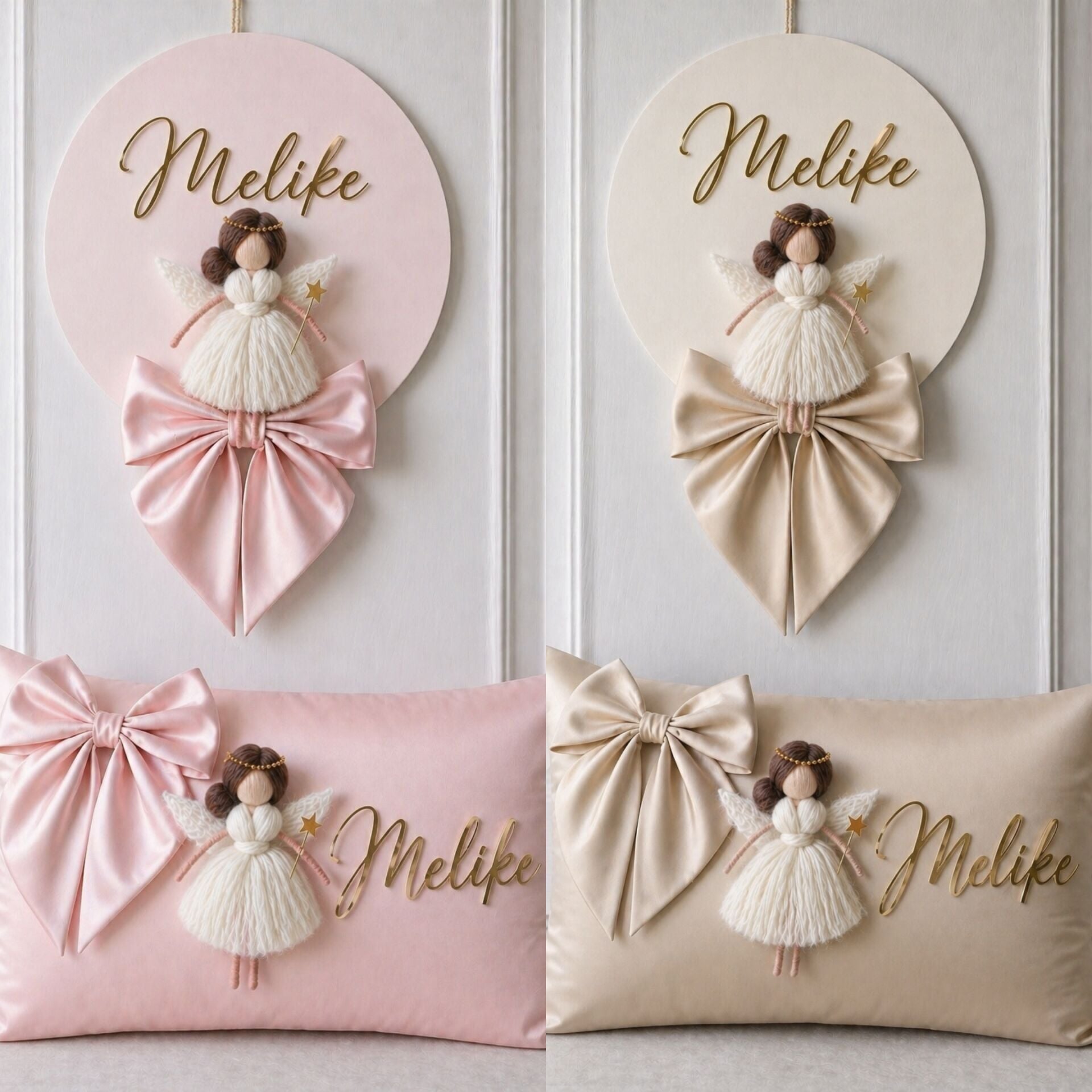 Peri kızı dekorlu ahşap  Kapı Süsü & takı yastığı takimi