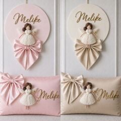 Peri kızı dekorlu ahşap  Kapı Süsü & takı yastığı takimi