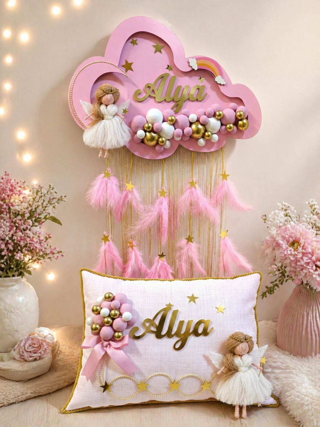 Peri kızı dekorlu Pembe püsküllü Bulut Kapı Süsü&Yastık Tak.