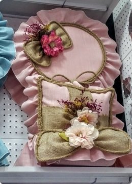 Hasır ve keten süslemeli bebek kapı süsü + sepet + yastık PEMBE SEPET