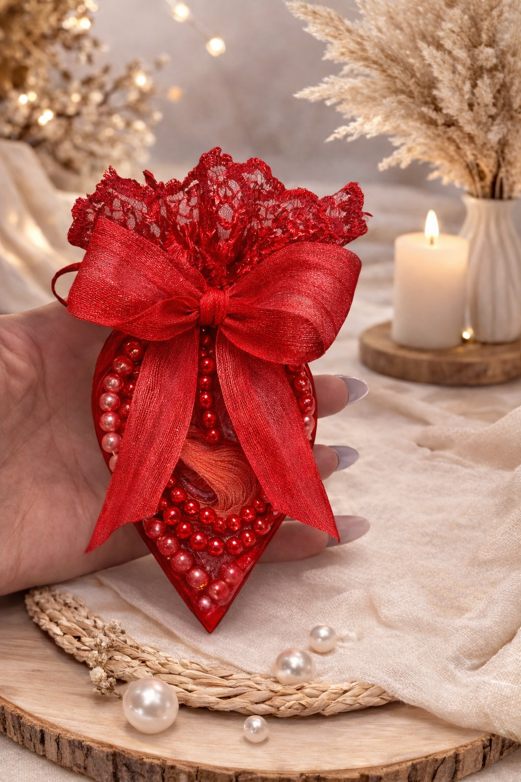 Kırmızı dekorlu Üçgen Kese İçerisinde Tesbih (20 Adet)