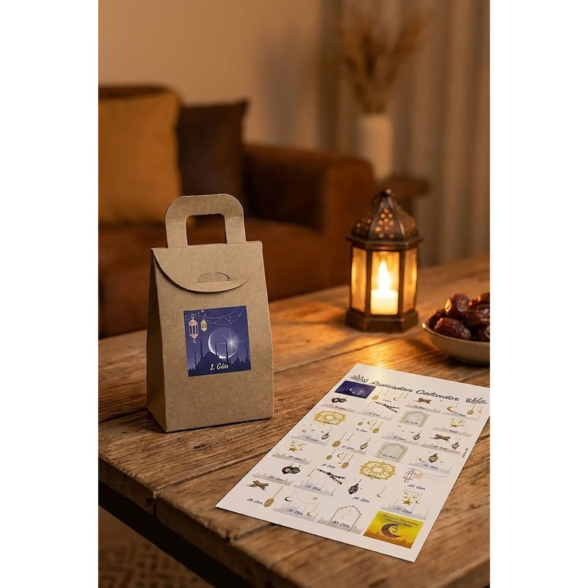 Ramazan Takvim Seti - 30 Günlük Advent Calendar Sticker - 30 Adet Kraft El Geçme Çanta - 10m Jüt İp