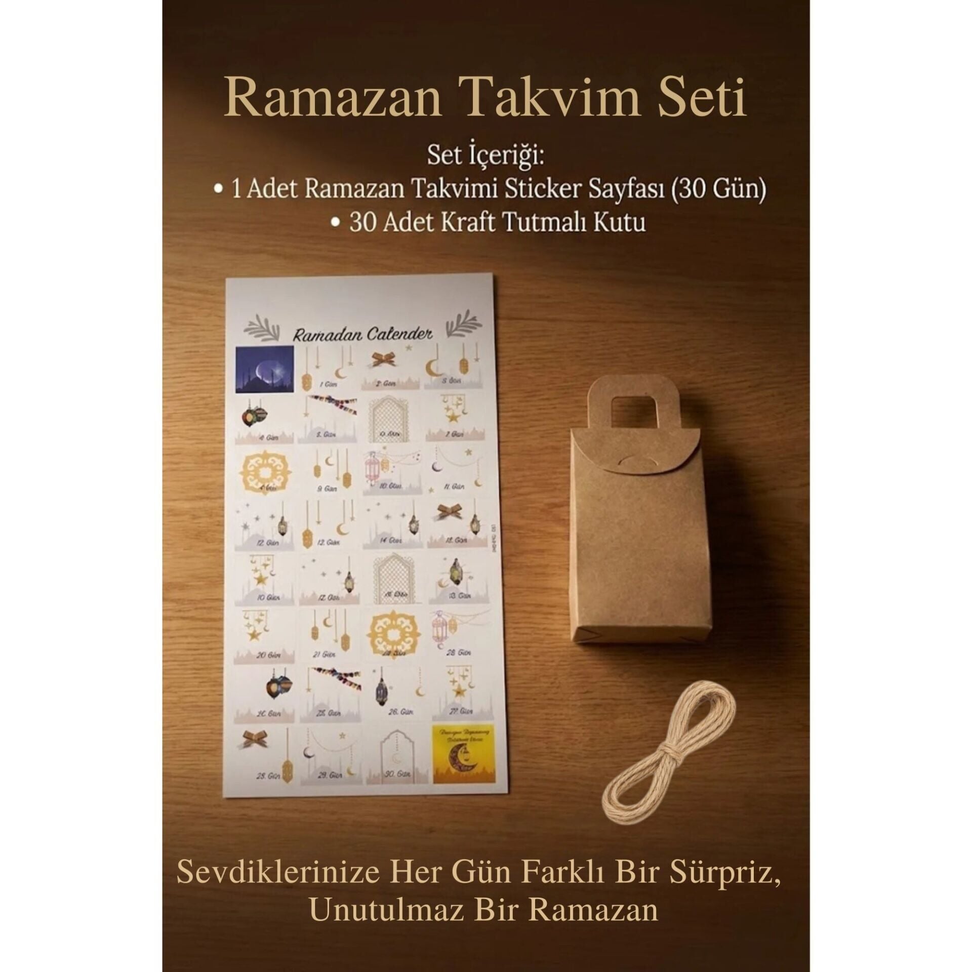 Ramazan Takvim Seti - 30 Günlük Advent Calendar Sticker - 30 Adet Kraft El Geçme Çanta - 10m Jüt İp