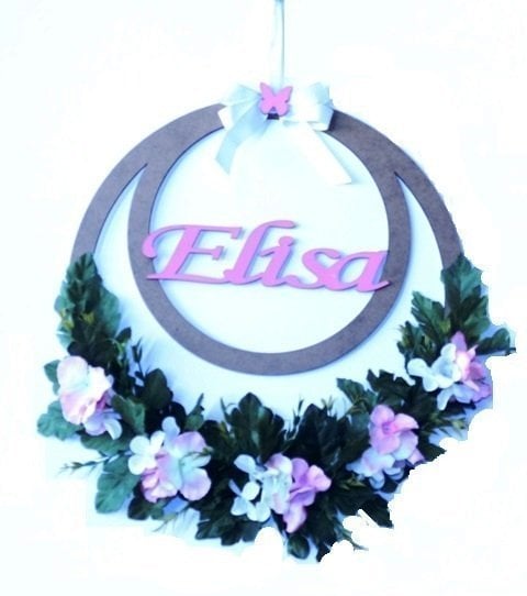 İsme Özel iç içe halkalı çiçekli kapı süsü