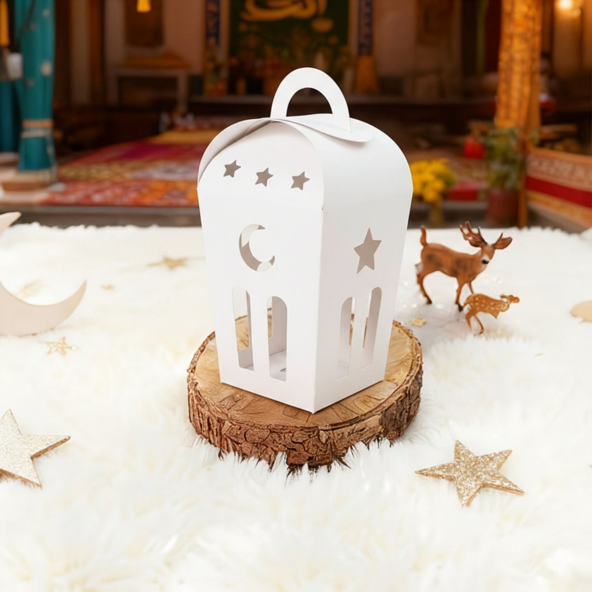 Ramazan Temalı Dekoratif Fener Kutusu, Ay Yıldız Kesim Hediyelik Kutu Seti, Beyaz, 6x9 Cm - 6 Adet