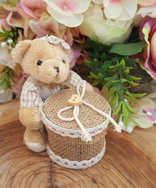 Peluş Ayıcıklı Silindir Jüt Kumaşlı Kutular