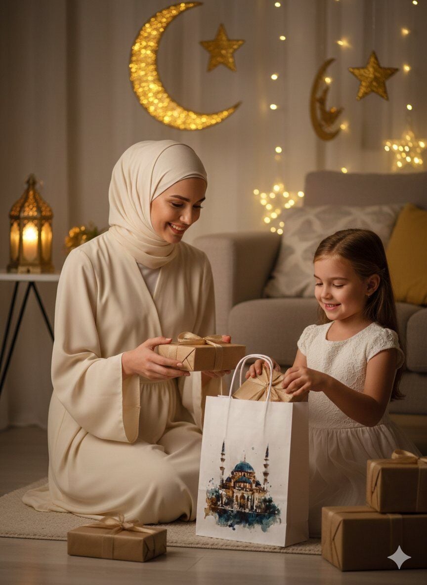 Ramazan Hediyelik Paketleme Çantası, 3 Adet, Cami Tasarımlı Kağıt Çanta Seti, 12x25x31 Cm, Beyaz