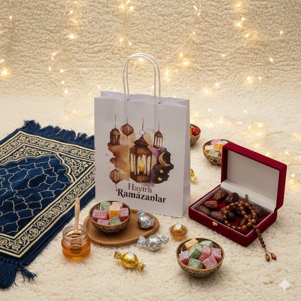Ramazan Hediyelik Paketleme Çantası, 3lü Paket, Kandil Temalı Kağıt Çanta Seti, 8x18x23 Cm, Beyaz