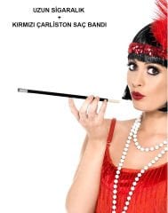 1920&#39;ler 1990&#39;lar Gatsby Kadın Aksesuar Seti – Kırmızı Charleston Saç Bandı ve Sigaralık