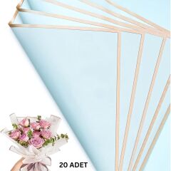 Çiçek Buket Kağıdı, Altın Kenarlı Çiçek Ambalaj Kağıdı, Mat OPP 58x58 cm - 20 Adet, Bulut Mavisi