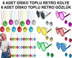 12 Parça Renkli Disko Toplu Retro Parti Seti – 6 Kolye + 6 Gözlük
