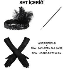 1920&#39;ler Gatsby Aksesuar Seti – Siyah Charleston Saç Bandı, Uzun Eldiven & Sigaralık