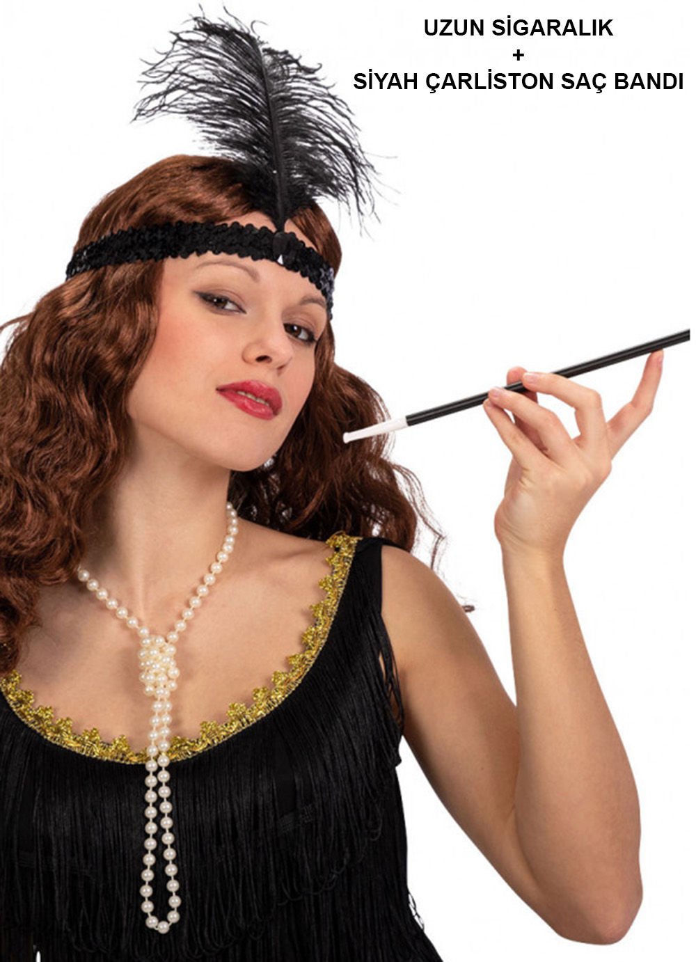 1920&#39;ler Gatsby Aksesuar Seti – Siyah Charleston Saç Bandı & Sigaralık