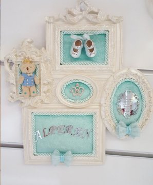 Bebek Odası ; 5 Li  Polyester Kumaş Kaplı Kapı Süsü Çerçeve (Süslü )