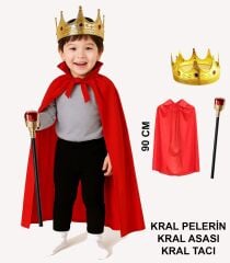 Çocuk Kral Kostüm Seti – Kırmızı Pelerin, Taç ve Asa (90 cm)