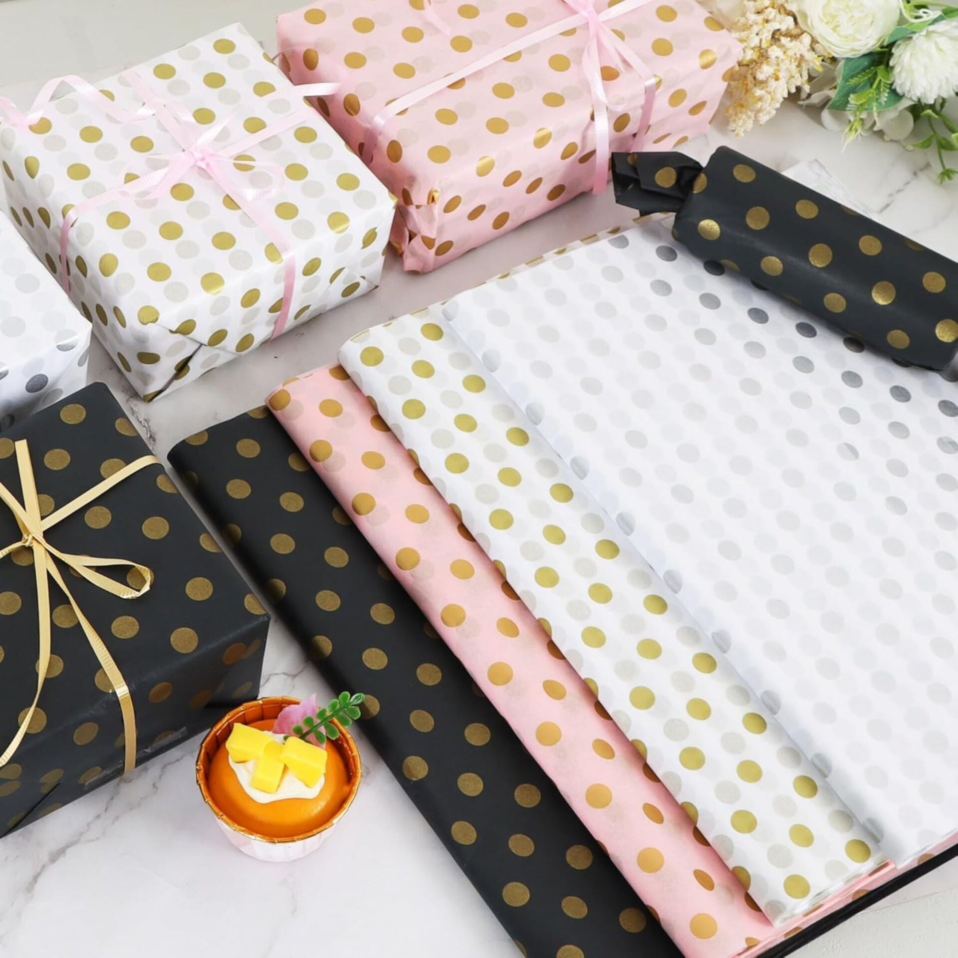 Altın Puantiyeli Pelur Kağıt, Dekoratif Hediye Paketleme ve Ambalaj Kağıdı 35x50 Cm, 25 Adet