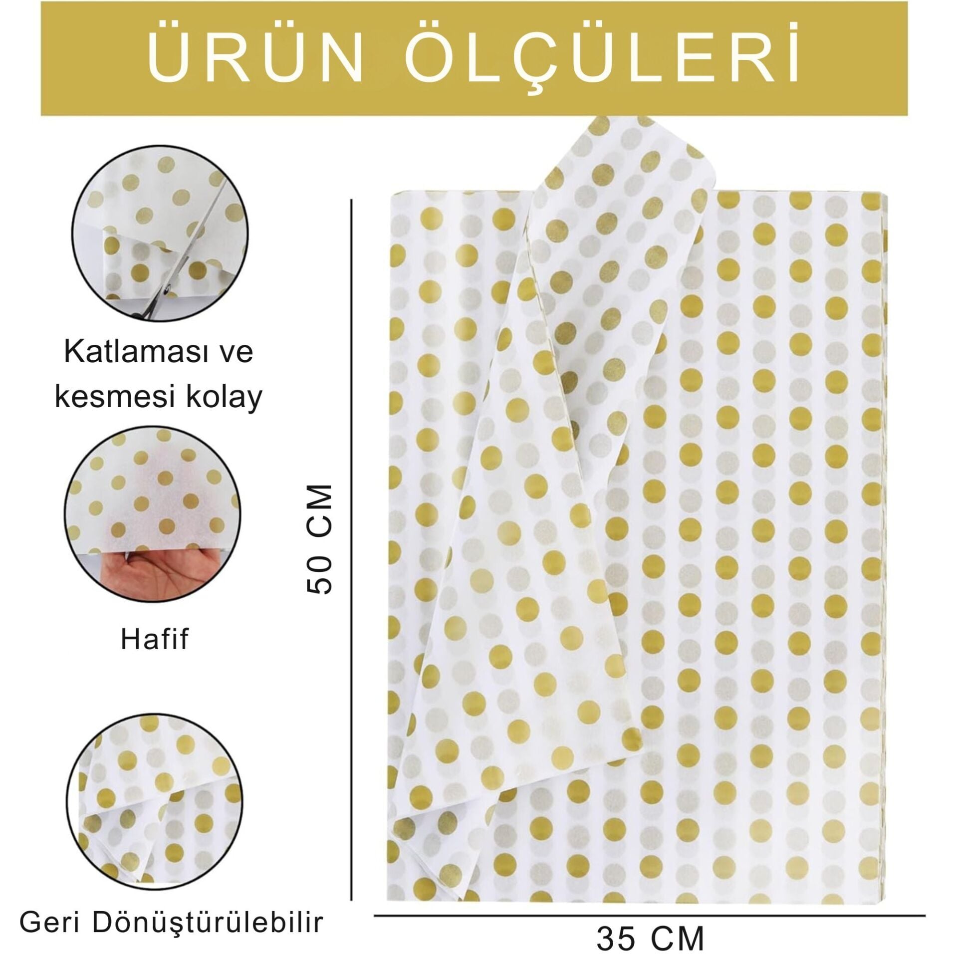 Altın Puantiyeli Pelur Kağıt - 10lu Paket, Dekoratif Hediye Paketleme ve Ambalaj Kağıdı 35x50 Cm