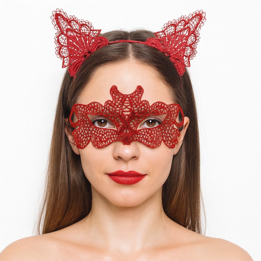 Ateş Kırmızısı Dantel Taç ve Maske Seti 10 No - Maskeli Balo & Özel Gün Seti