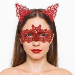 Ateş Kırmızısı Dantel Taç ve Maske Seti 10 No - Maskeli Balo & Özel Gün Seti