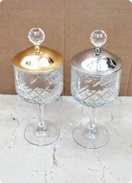 20 Cm Kristal İşlemeli Ayaklı, Metal+Kristal Tepelikli Bardak Cam Şekerlik