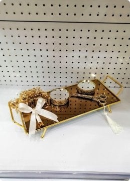 Süslü Aynalı Saplı Damat Kahvesi / Yüzük Tepsisi