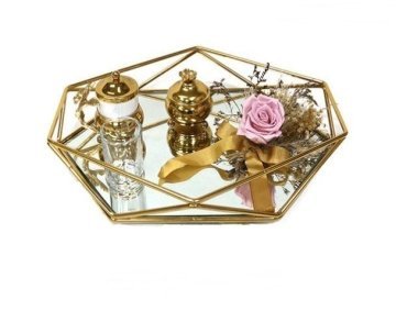 Solmayan Gül Dekorlu Lüks  Prizma Tepsi Set ALTIN