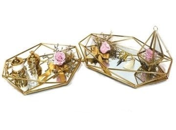 Solmayan Gül Dekorlu Lüks  Prizma Tepsi Set ALTIN